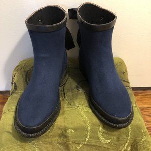 Faux Suede Navy Rain Booties with Bow Detail